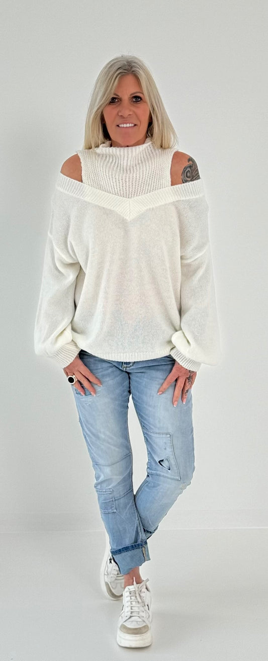 Pullover off shoulder met verfijnd gebreid inzetstuk model "Viola" - ecru