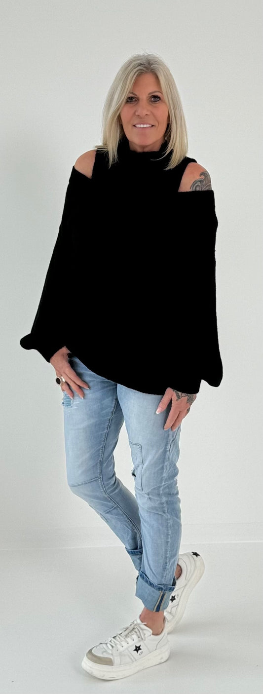 Pullover off shoulder met verfijnd gebreid inzetstuk model "Viola" - effen zwart