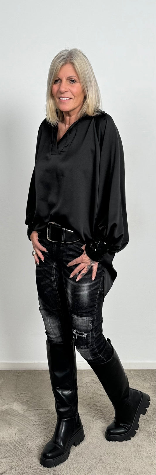 Tunic with sequin collar and cuffs model name "Amira" - black