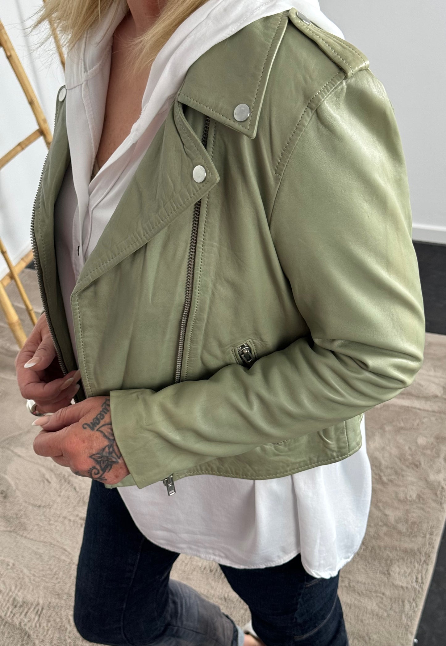 Biker style leather jacket "Gill" - sage