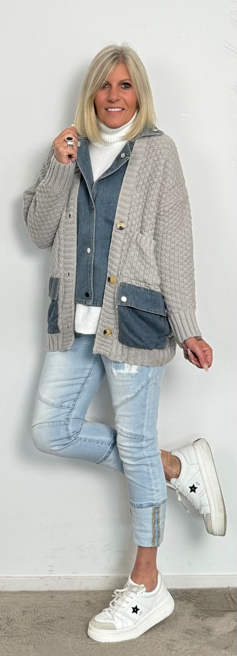 Cardigan with denim elements "Cleo" - grey-denim