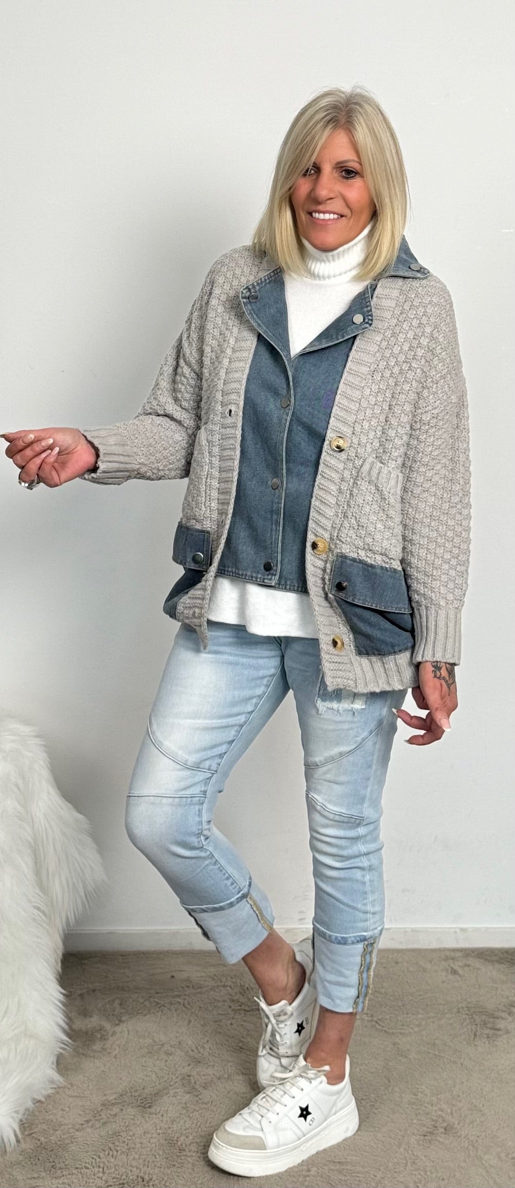 Cardigan with denim elements "Cleo" - grey-denim