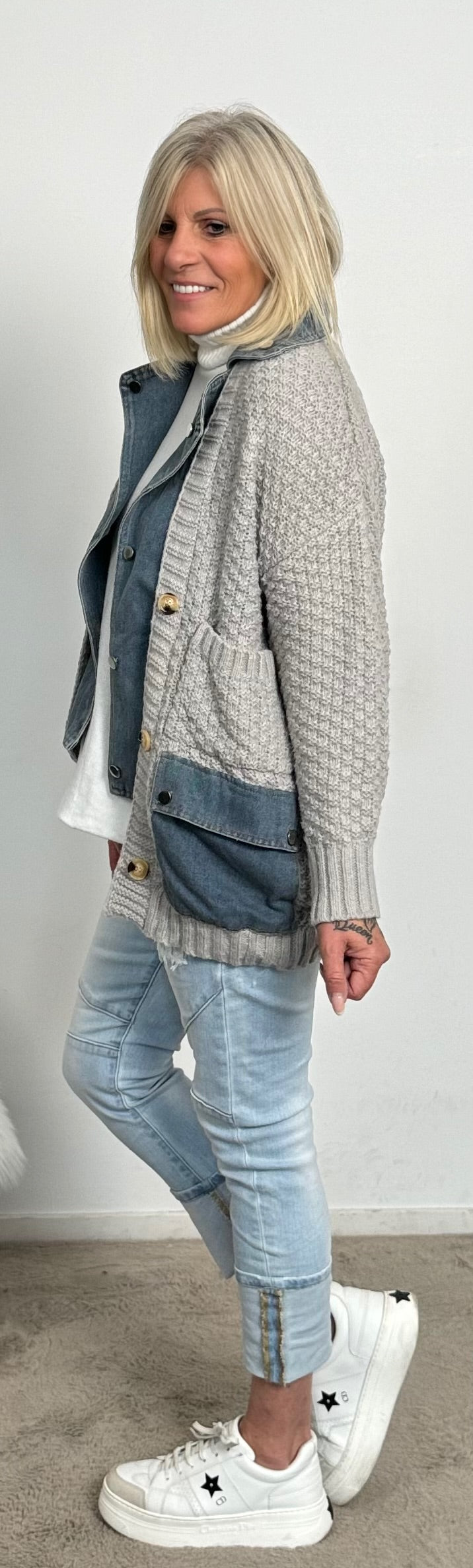 Cardigan with denim elements "Cleo" - grey-denim