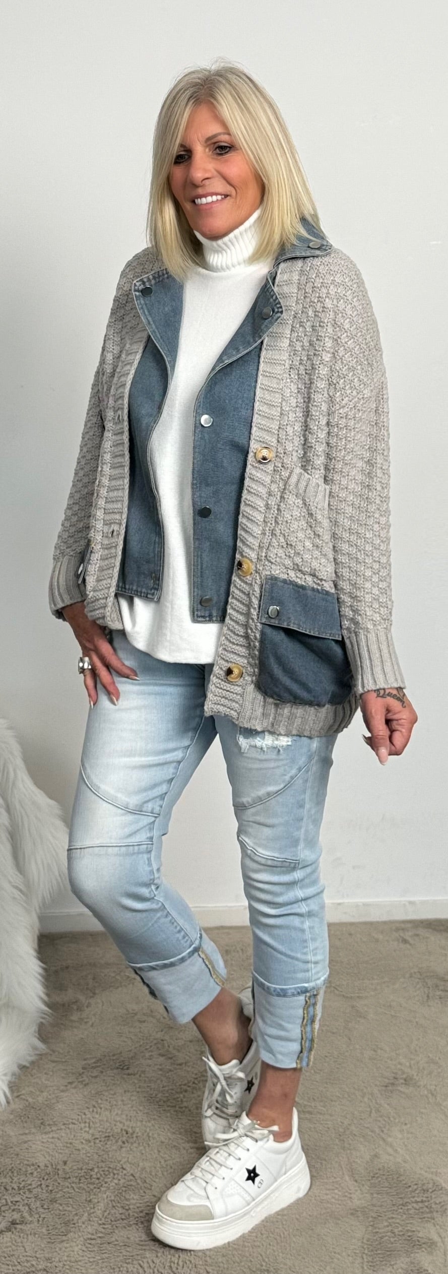 Cardigan with denim elements "Cleo" - grey-denim