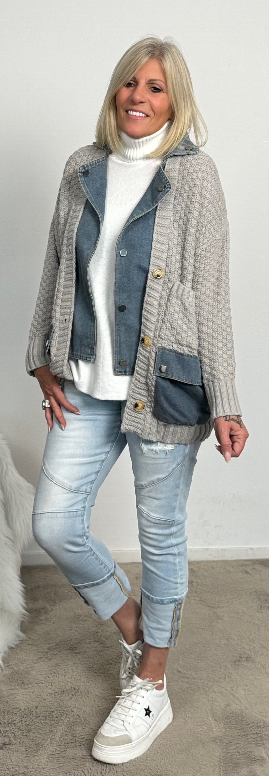 Cardigan with denim elements "Cleo" - grey-denim