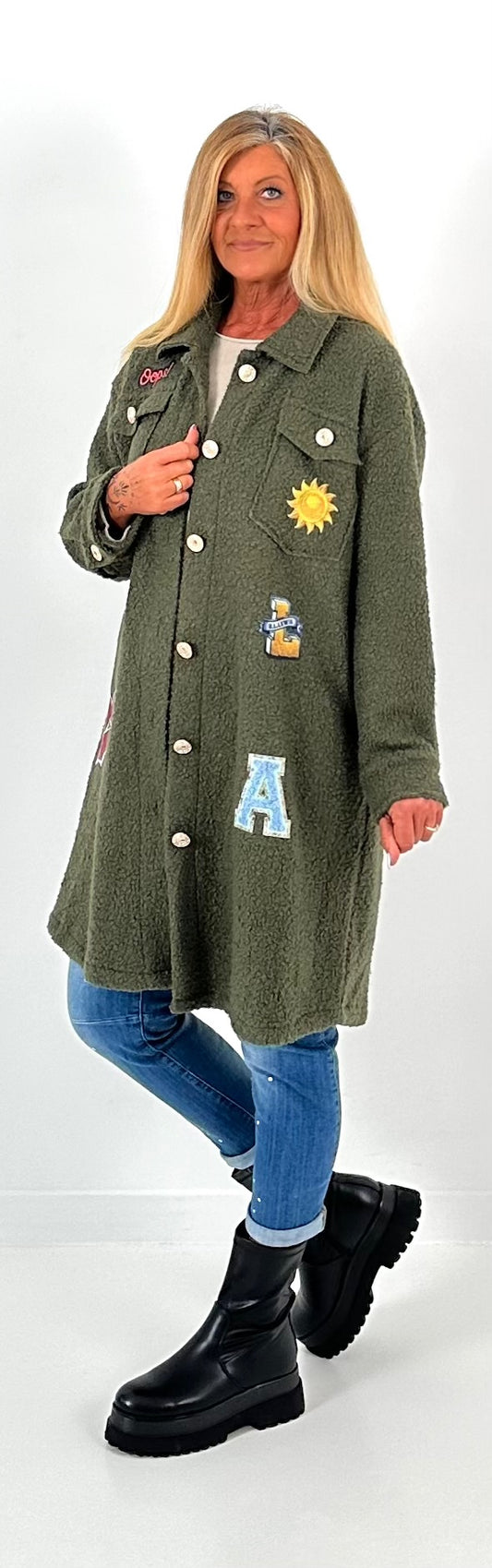 Boucle jas met patches model "Style" - olijfgroen