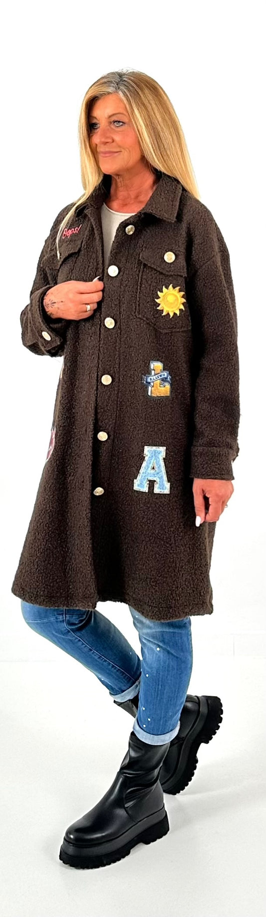 Boucle jas met patches model "Style" - mokka