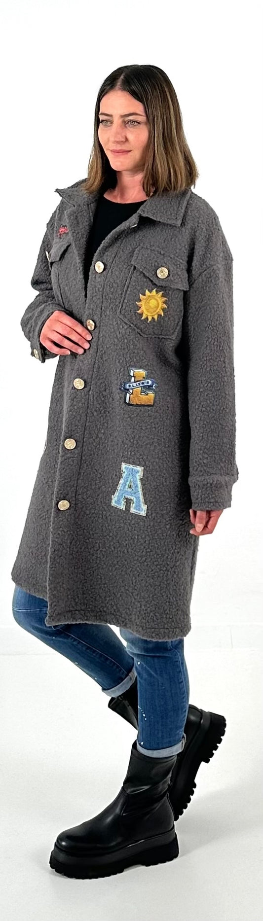 Boucle jas met patches model "Style" - antraciet