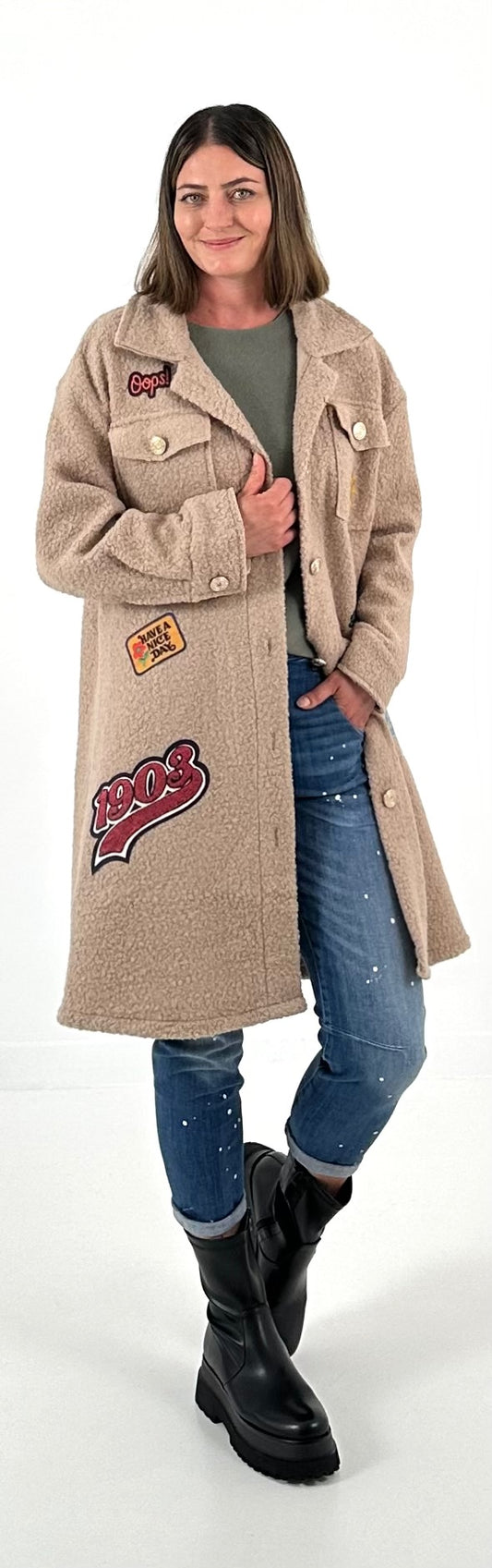 Boucle jas met patches model "Style" - zand