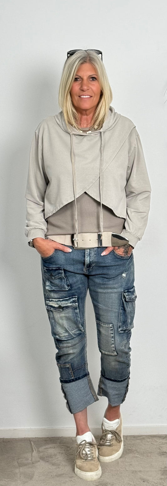 Crop stone washed hoodie with hood "Lara" - taupe