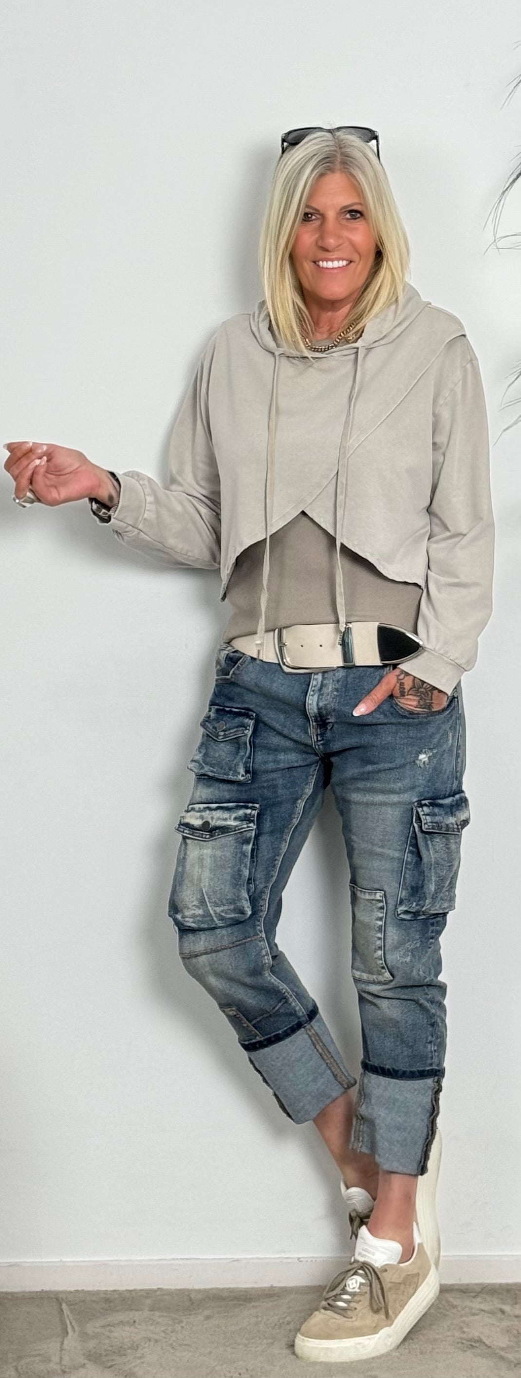 Crop stone washed hoodie met capuchon "Lara" - taupe