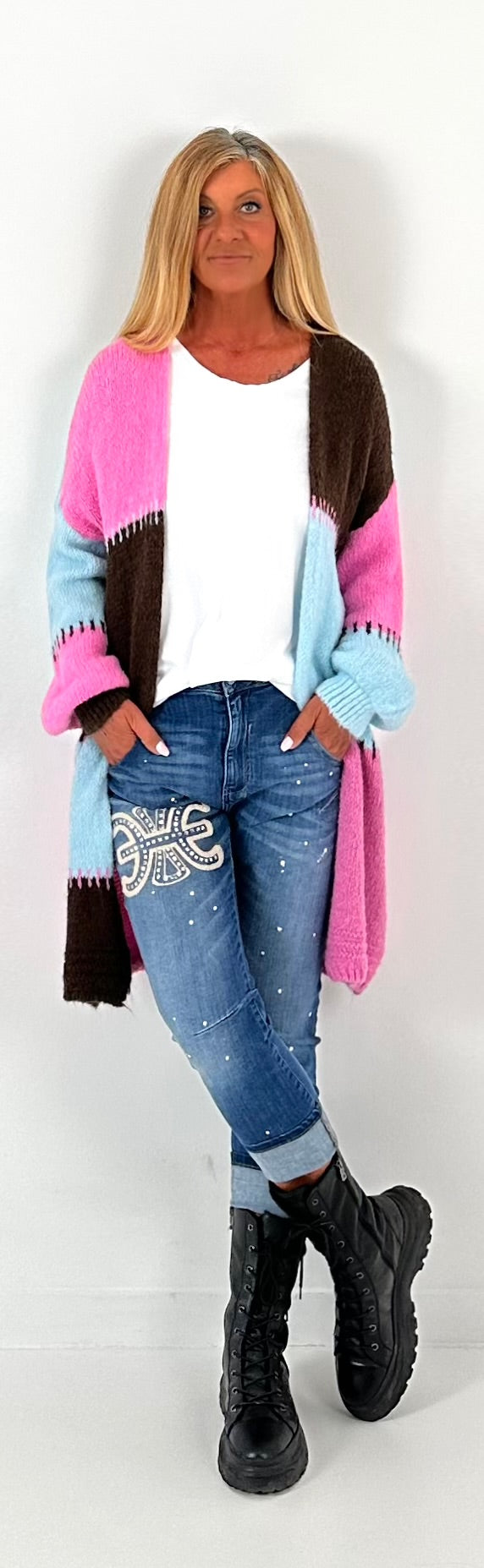 Strickmantel Modell "Harmonic" - hellblau-mokka