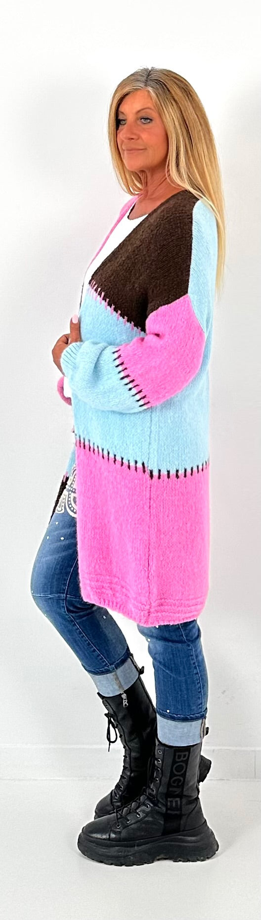 Strickmantel Modell "Harmonic" - hellblau-mokka