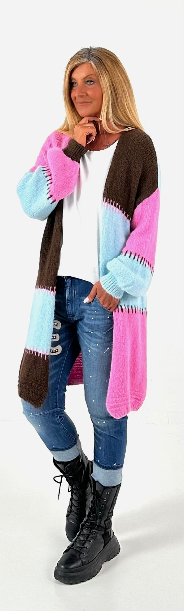 Strickmantel Modell "Harmonic" - hellblau-mokka