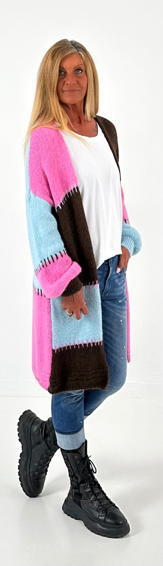 Strickmantel Modell "Harmonic" - hellblau-mokka