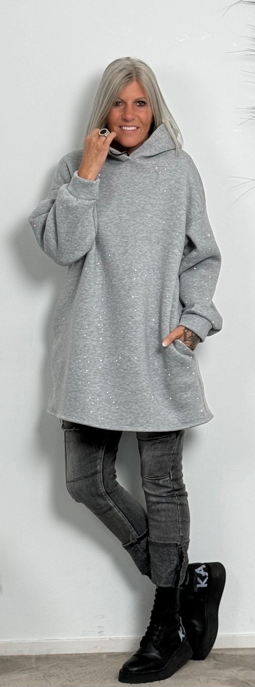 Long hoodie with glitter stones allover "Mel" - grey