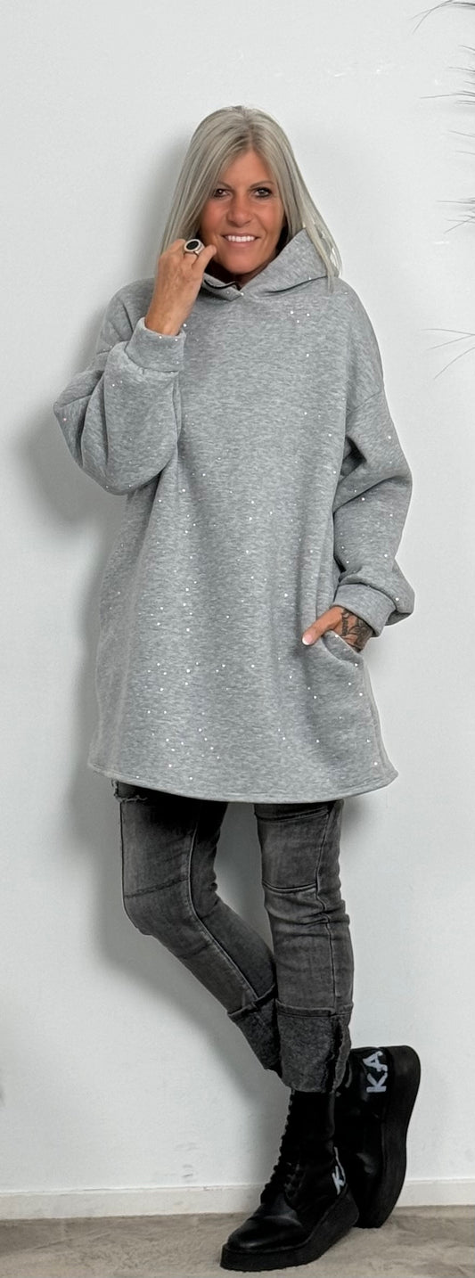 Long Hoodie mit Glitzersteinchen allover "Mel" - grau