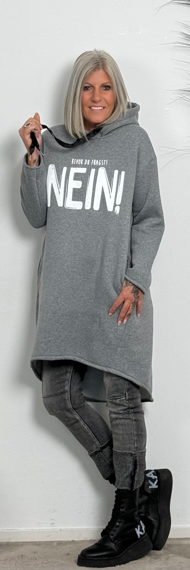 Long Hoodie "Bevor du fragst NEIN" - grau