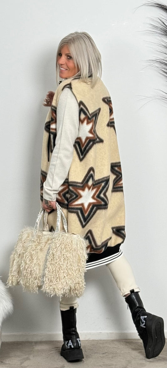 Fleece Weste mit breiten Bündchen "Star"- beige-mehrfarbig