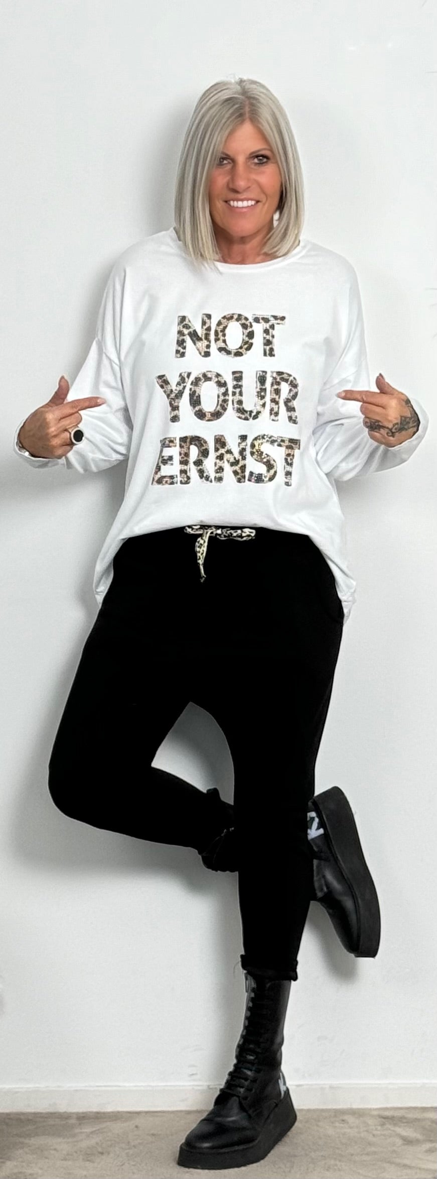 Shirt with Leo print and glitter stones "Not Your Ernst" - white