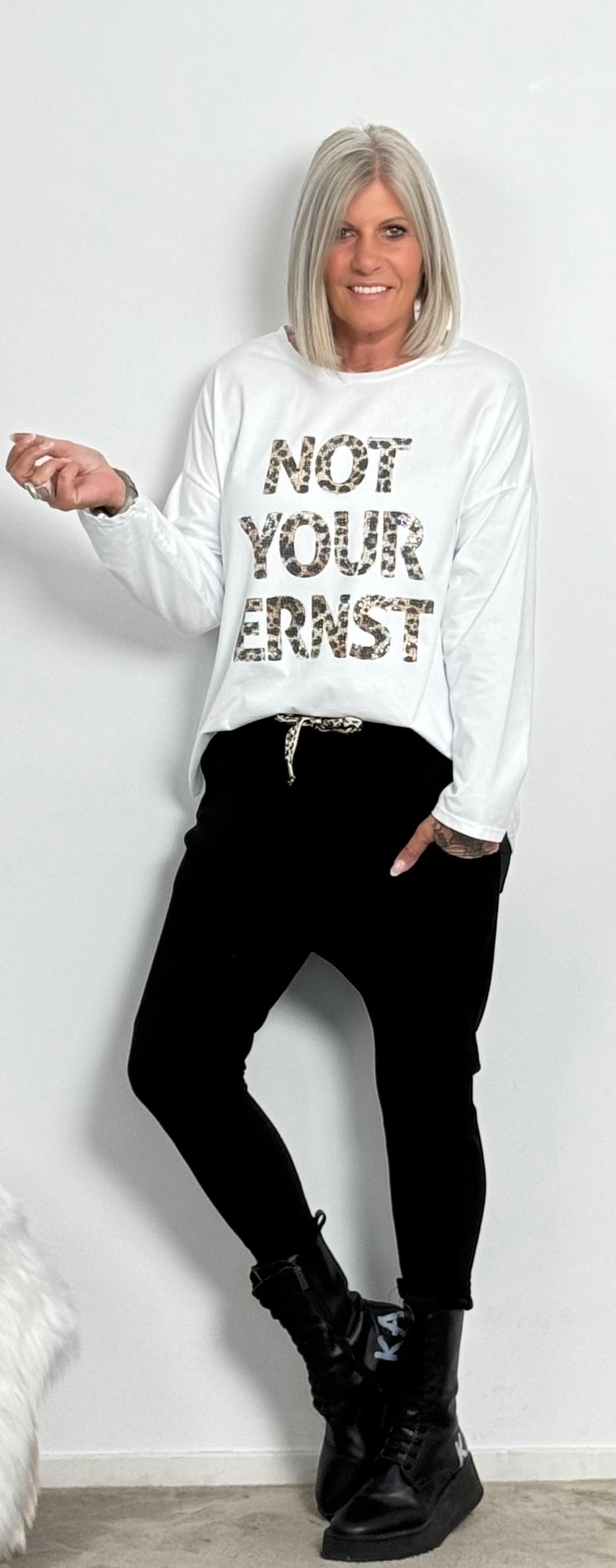 Shirt with Leo print and glitter stones "Not Your Ernst" - white