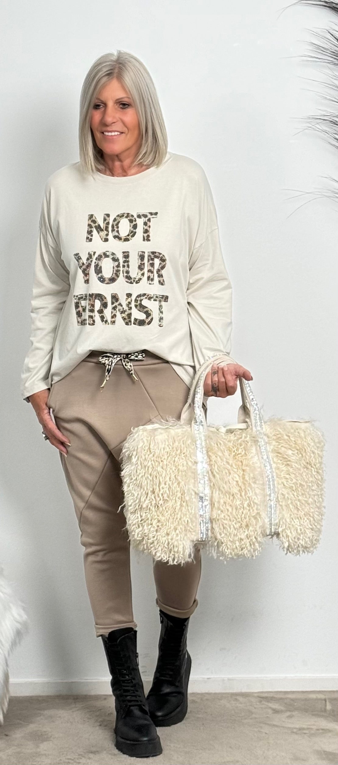 Shirt with Leo print and glitter stones "Not Your Ernst" - beige