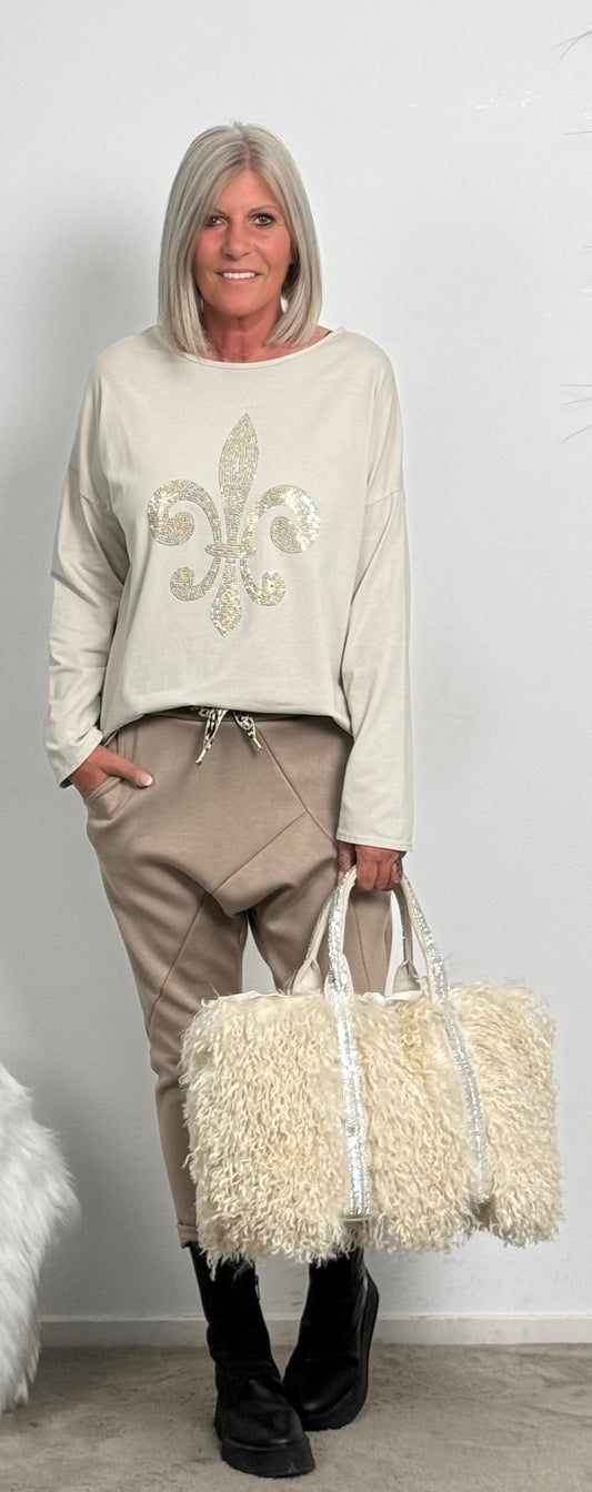 Shirt mit Glitzersteinchen "Fleur-de-lis" - beige