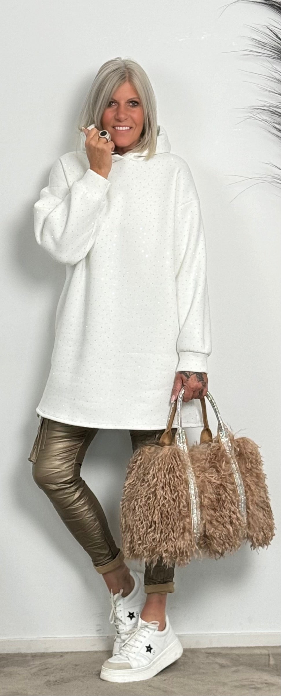 Long hoodie with glitter stones allover "Mel" - white