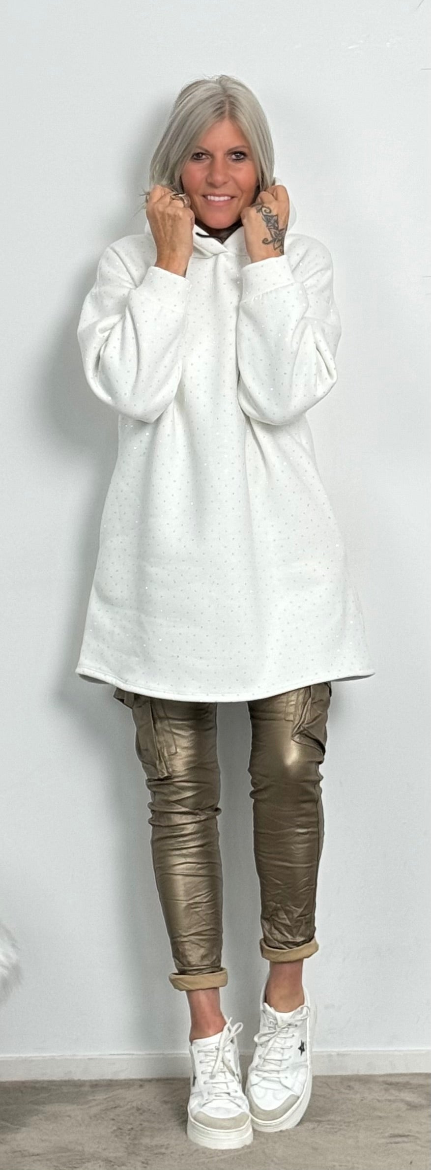 Long hoodie with glitter stones allover "Mel" - white