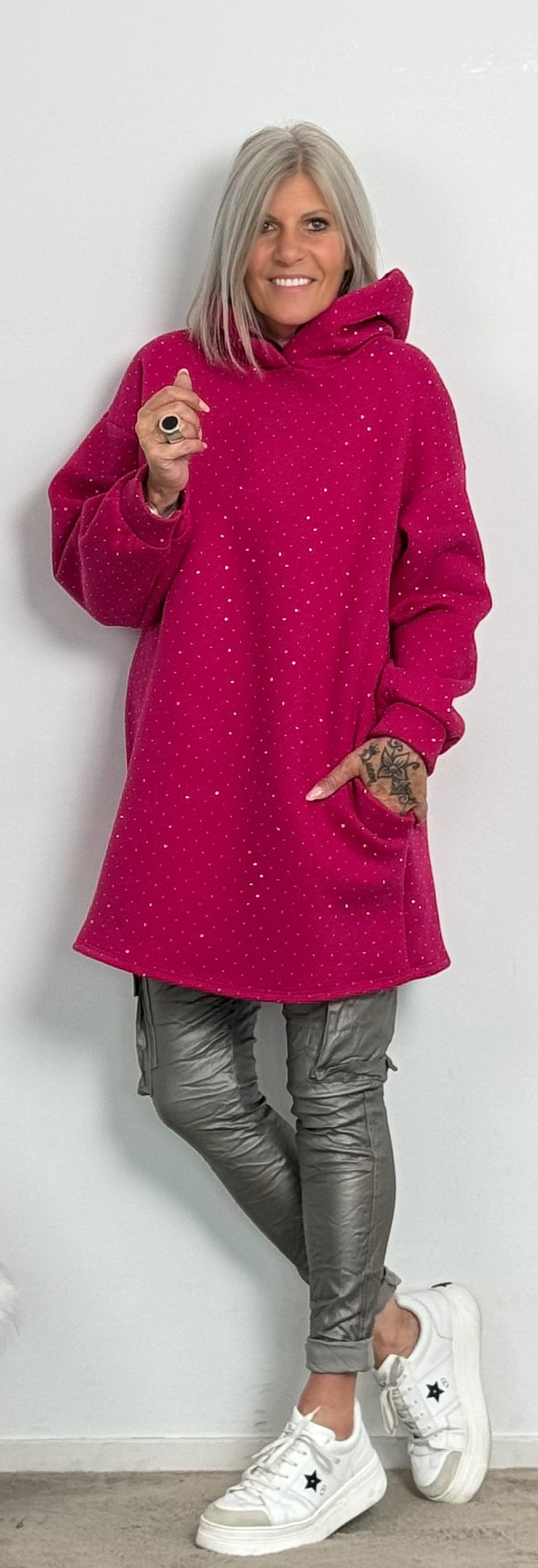 Long hoodie with glitter stones allover "Mel" - berry