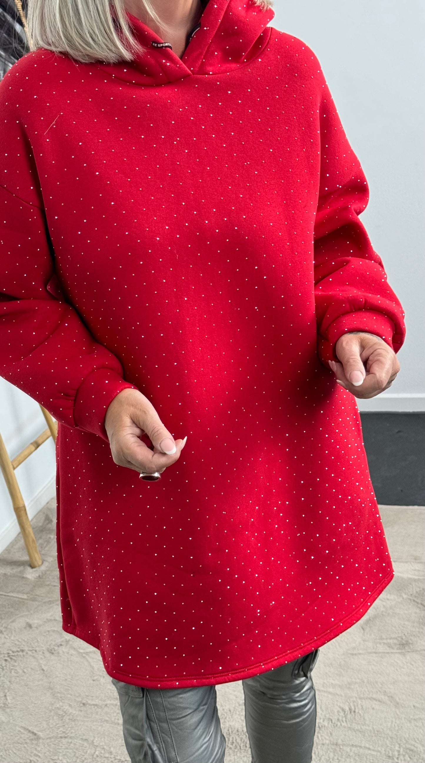 Lange hoodie met strass steentjes all over "Mel" - rood