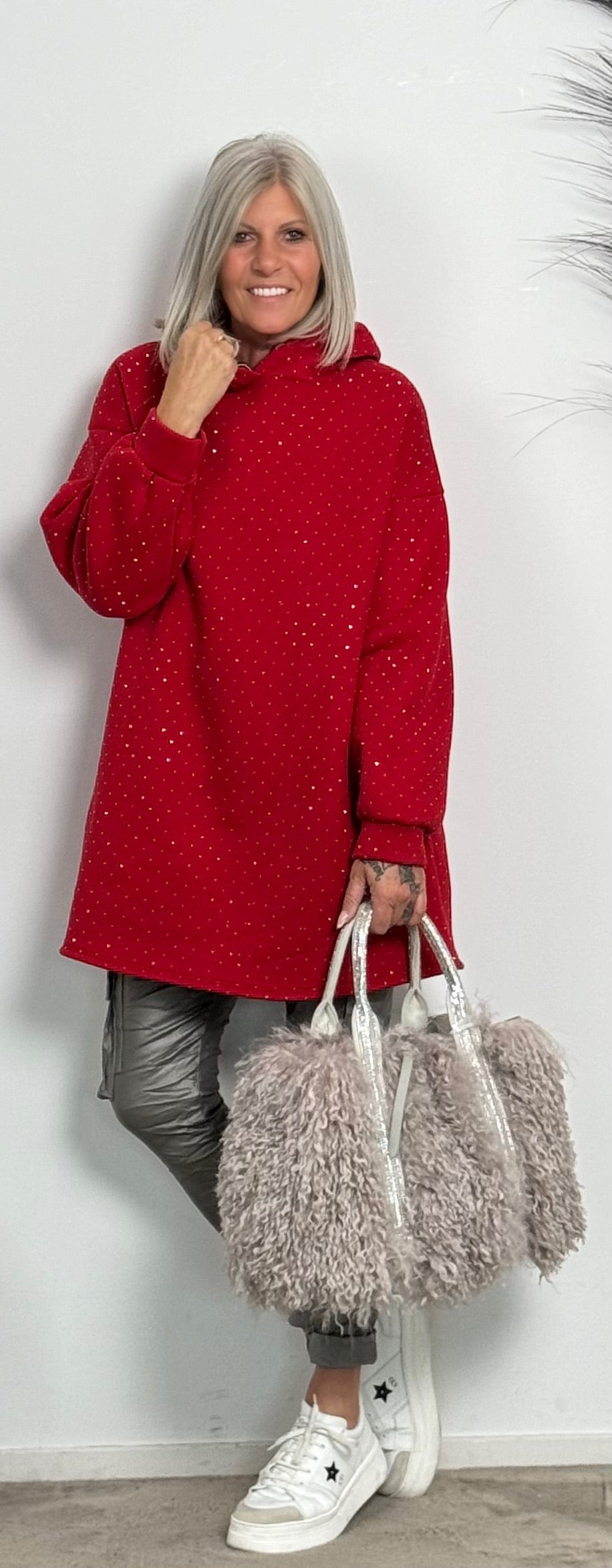 Long Hoodie mit Glitzersteinchen allover "Mel" - rot