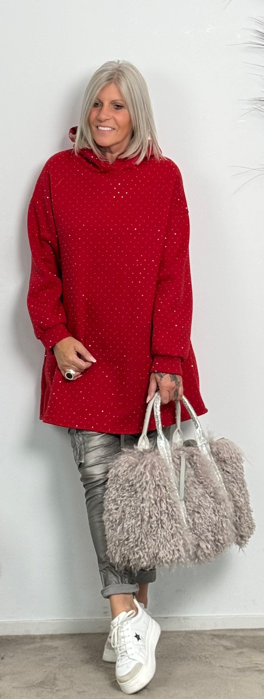 Long Hoodie mit Glitzersteinchen allover "Mel" - rot