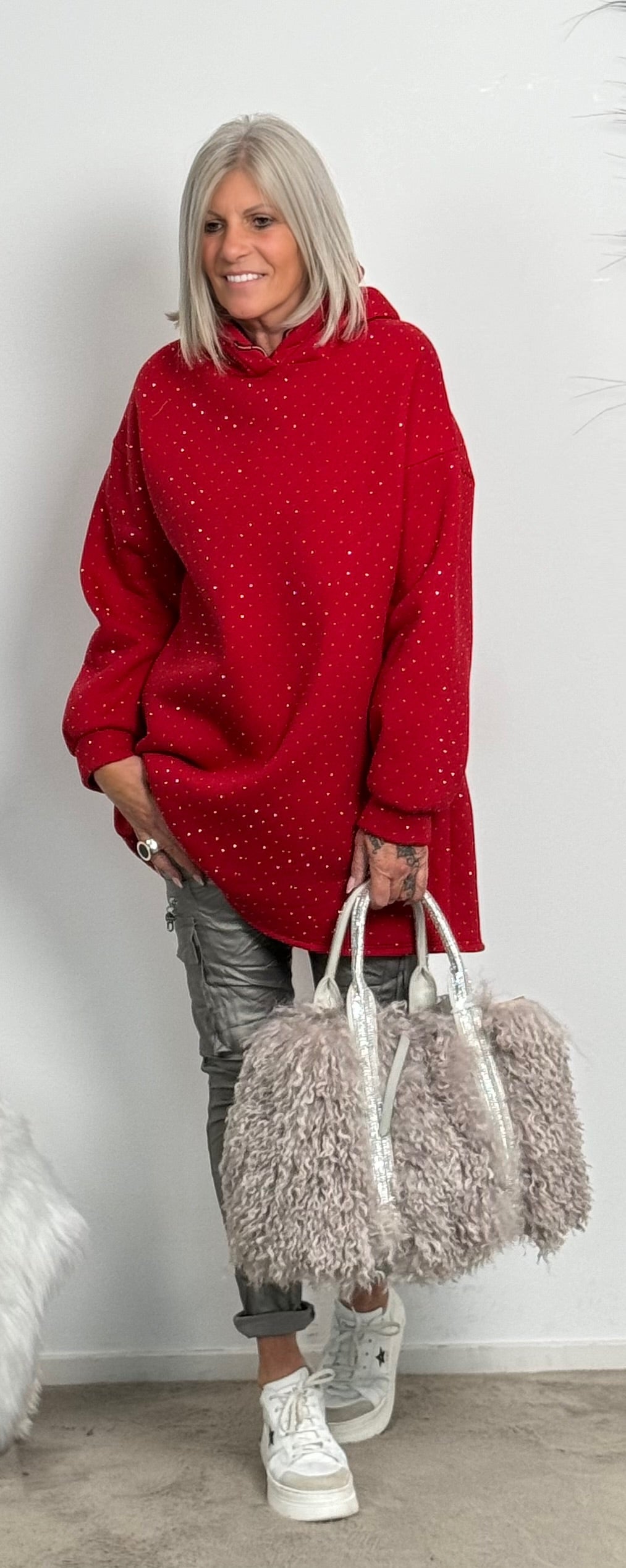 Long hoodie with glitter stones allover "Mel" - red