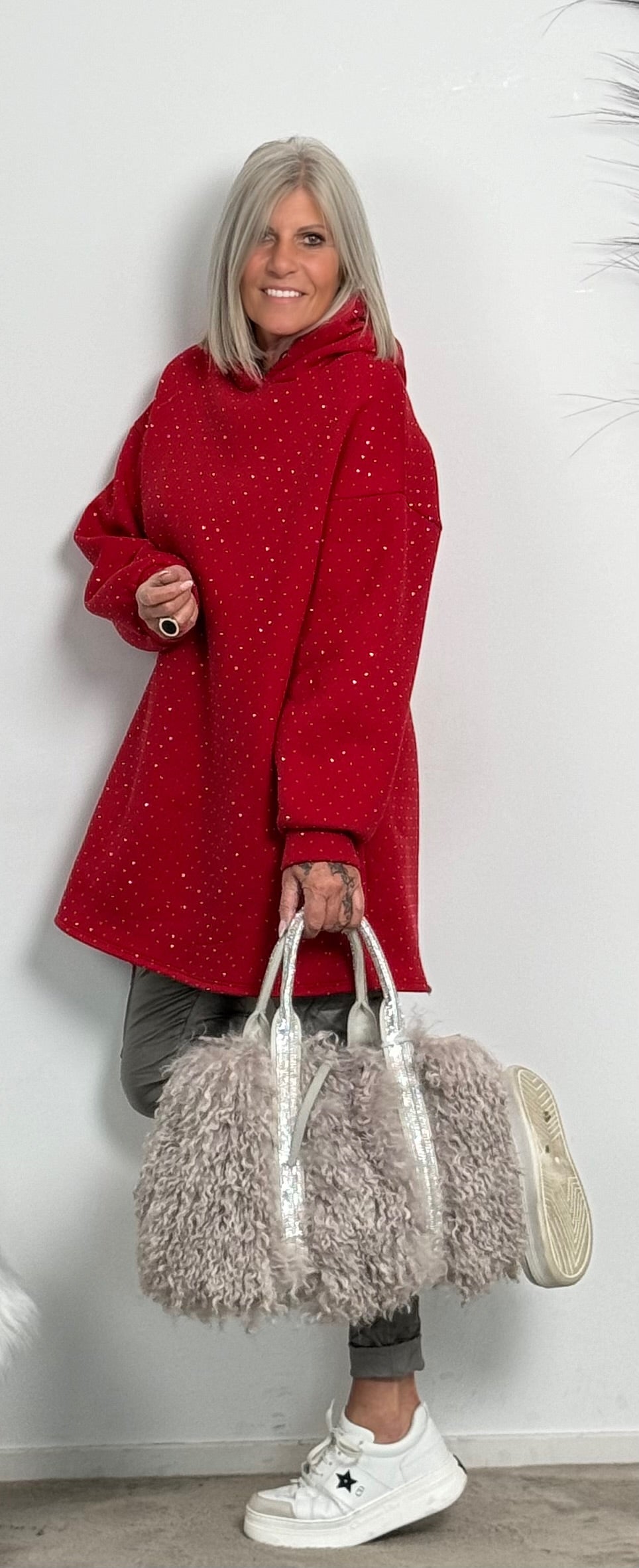 Lange hoodie met strass steentjes all over "Mel" - rood