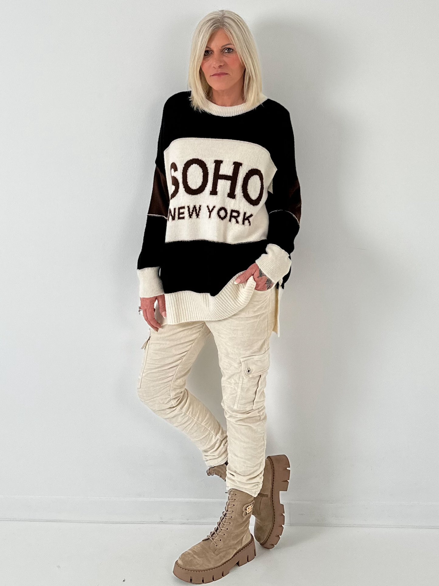 Trui model "SOHO" - zwart-ecru-chocolade