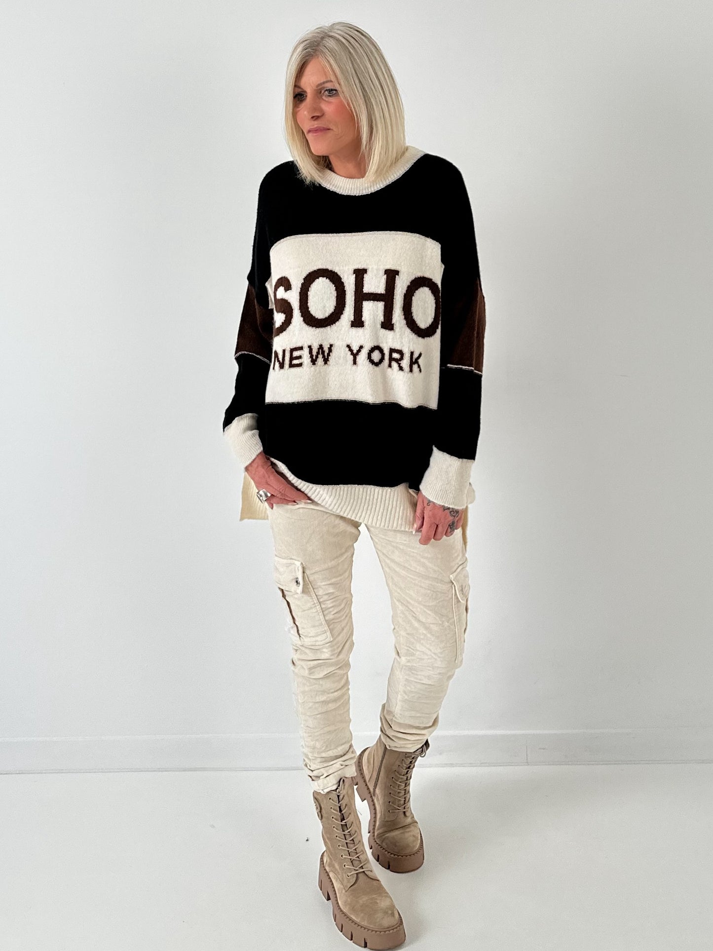 Trui model "SOHO" - zwart-ecru-chocolade