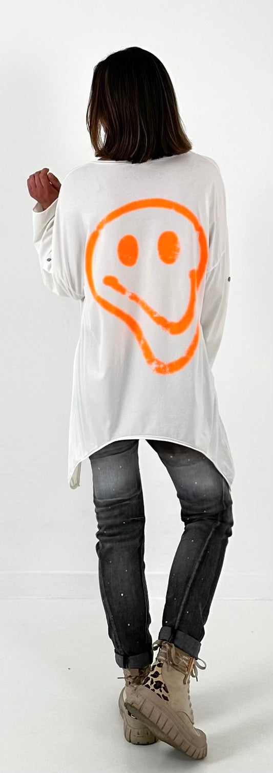 asymmetrisches Shirt Modell "Back to Smile" - weiss-neonorange