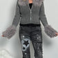 Crop cardigan with removable fur "Think" - grey