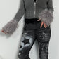 Crop cardigan with removable fur "Think" - grey