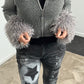 Crop cardigan with removable fur "Think" - grey