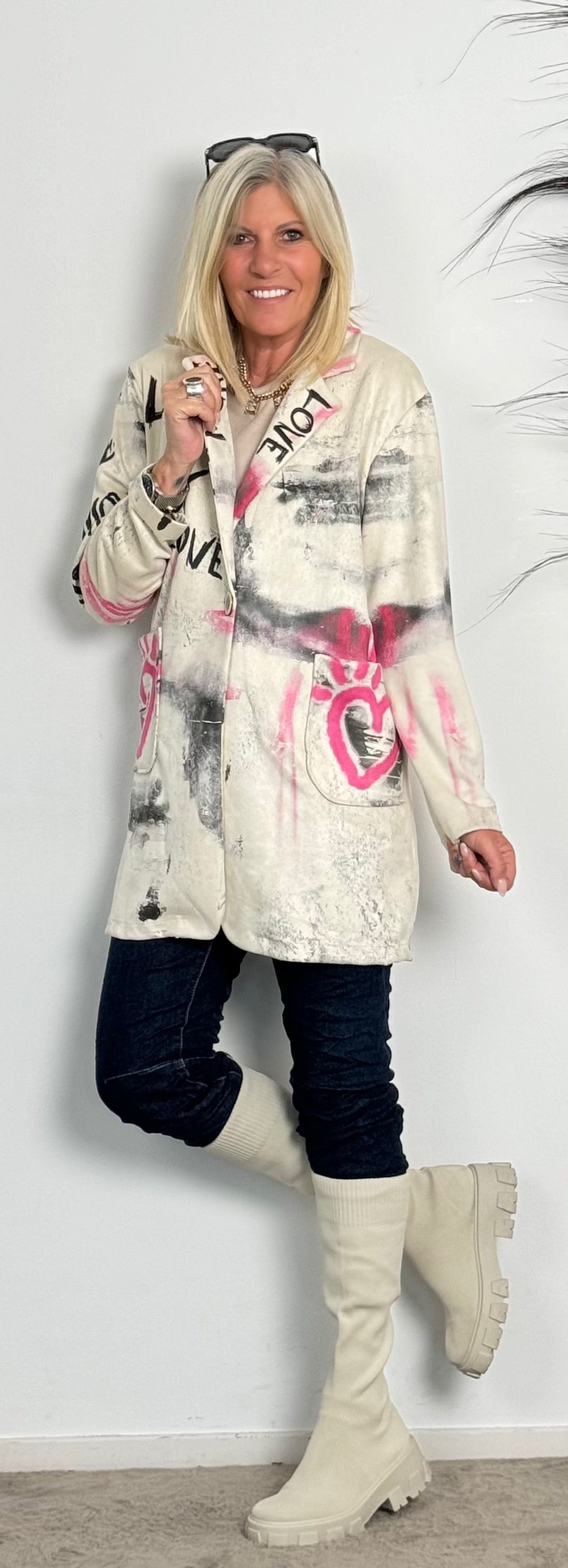 Washed leather coat "More Love" - ​​beige-multi-coloured