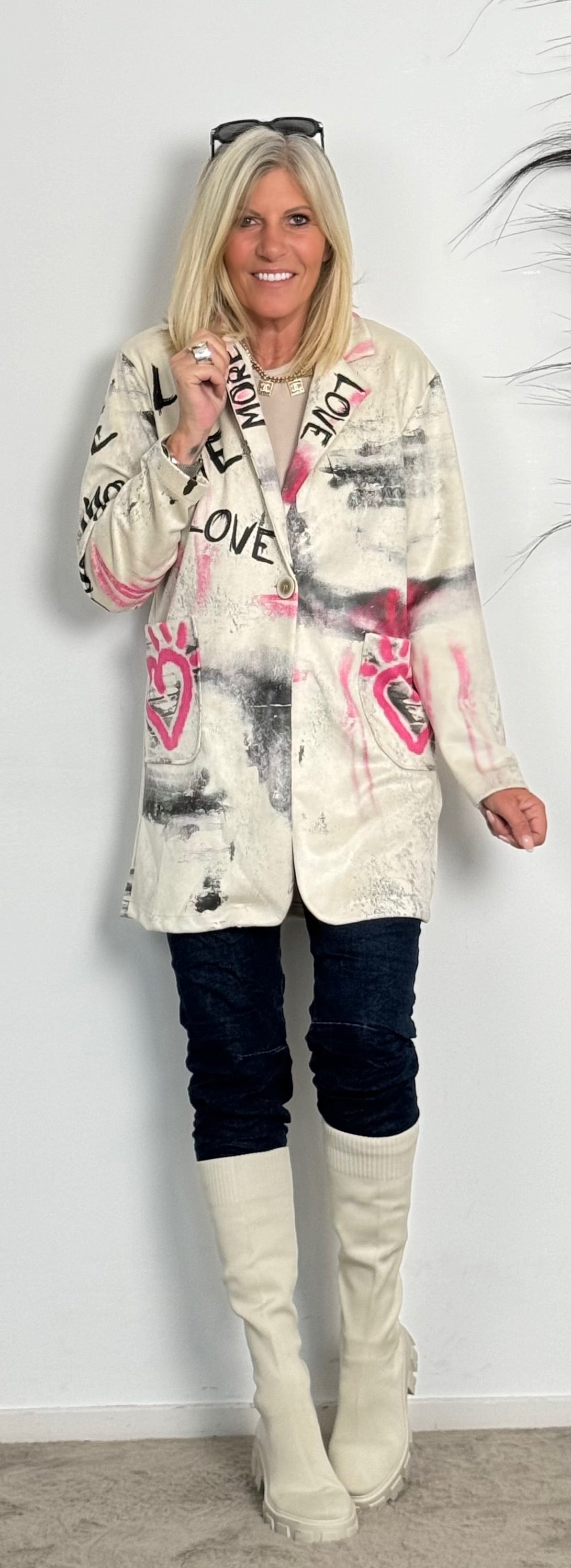 Washed leather coat "More Love" - ​​beige-multi-coloured