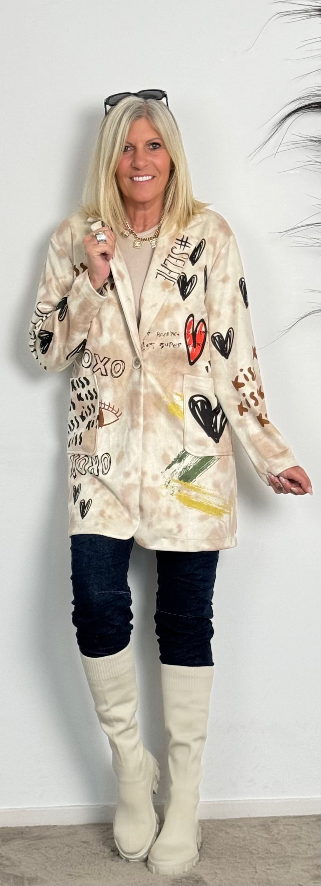 Washed leather coat "Kiss" - beige-multi-coloured