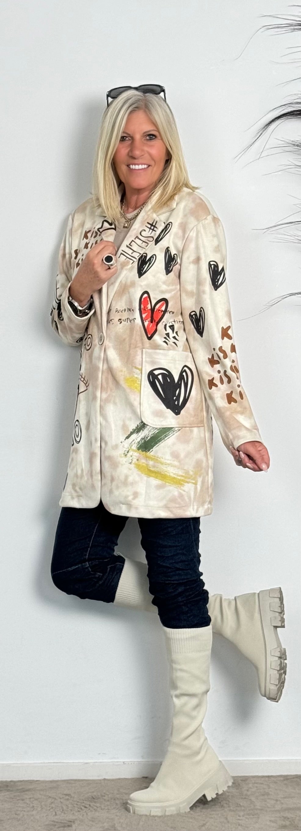 Washed leather coat "Kiss" - beige-multi-coloured