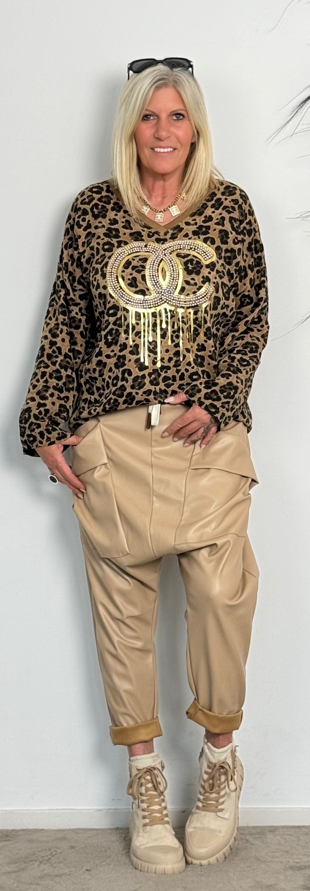 Imitation leather baggy pants "Gorgina" - beige