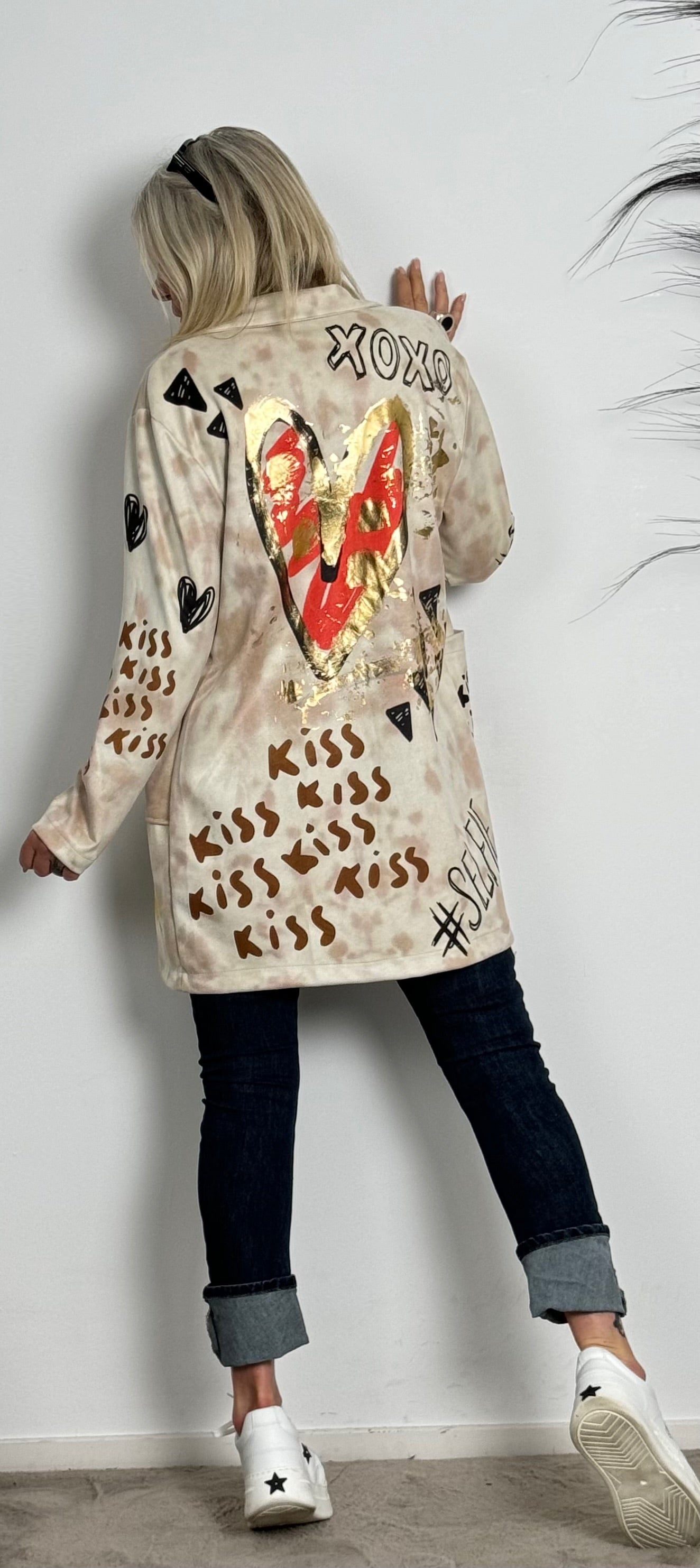 Washed leather coat "Kiss" - beige-multi-coloured