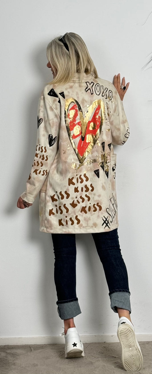 Washed leather coat "Kiss" - beige-multi-coloured