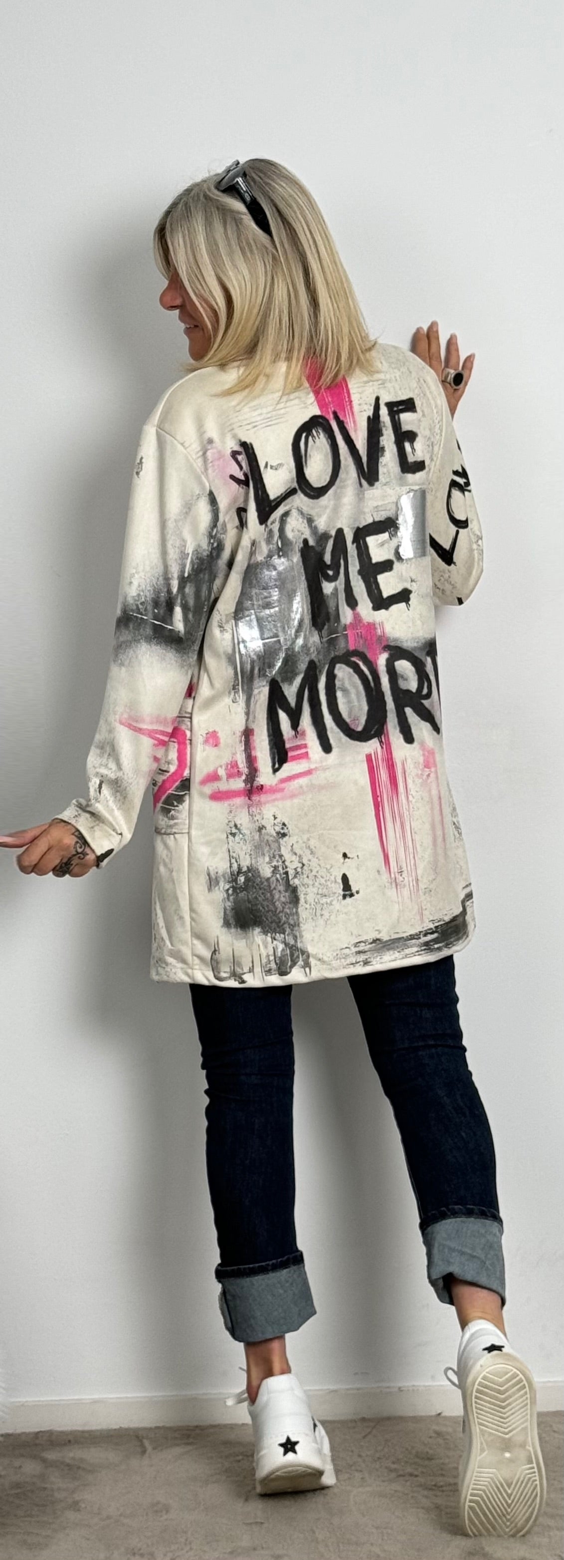 Washed leather coat "More Love" - ​​beige-multi-coloured