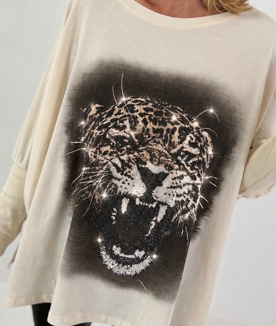 Sweater mit Stulpenärmeln und Strassmotiv Leopard - beige